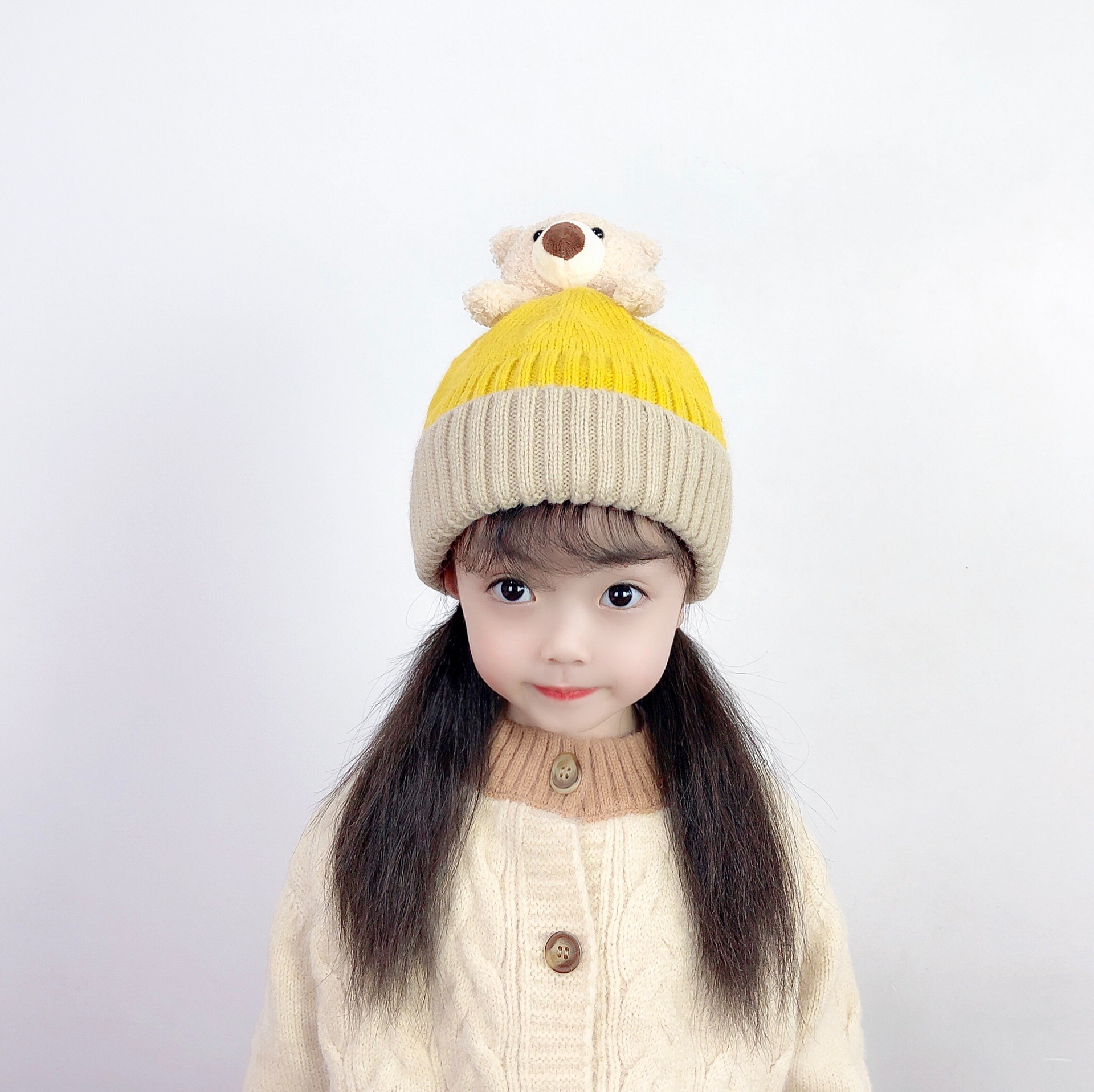 熊头帽女童秋冬保暖毛线帽儿童卡通玩偶针织帽宝宝帽子潮批发零售