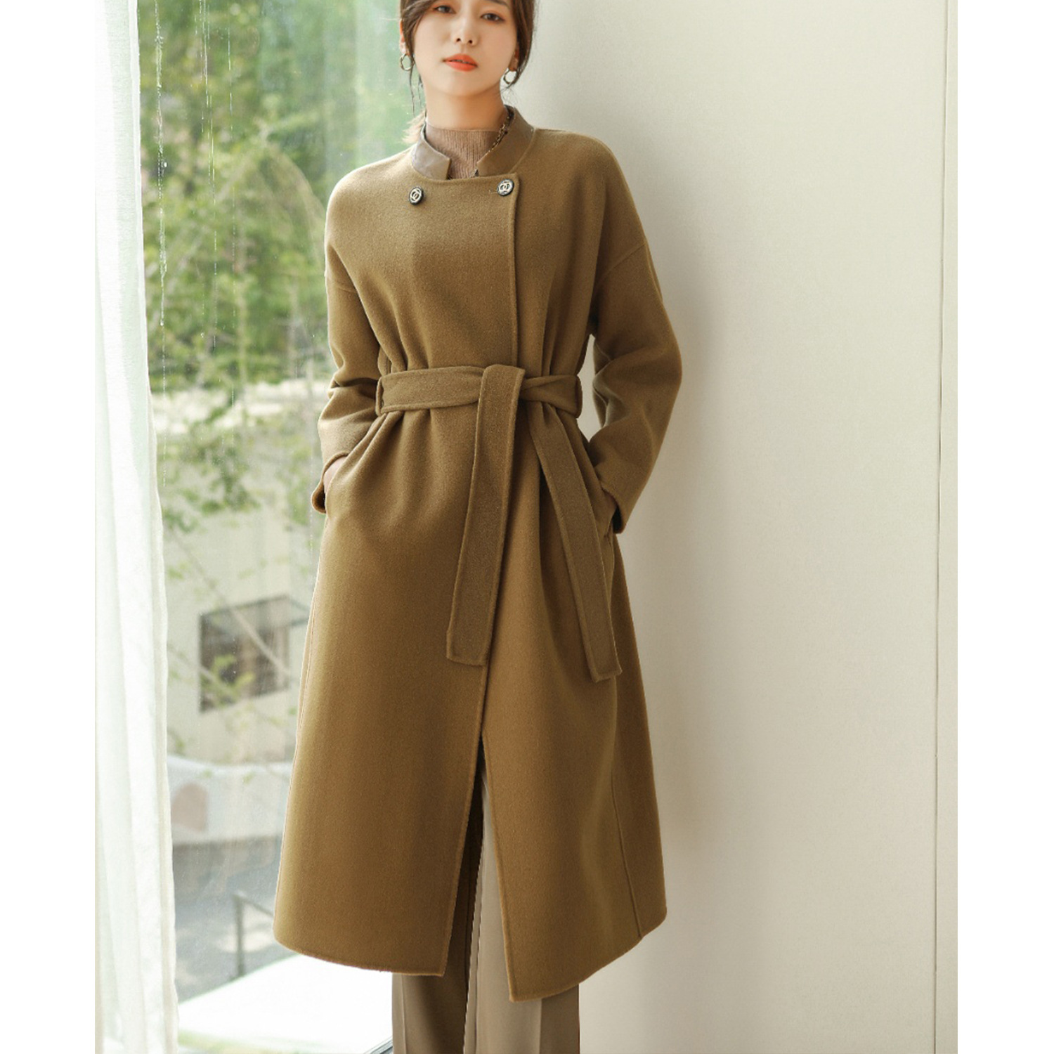 伊茉羊皮领羊绒大衣女2022秋冬腰带款后开叉羊毛羊绒双面呢外套女