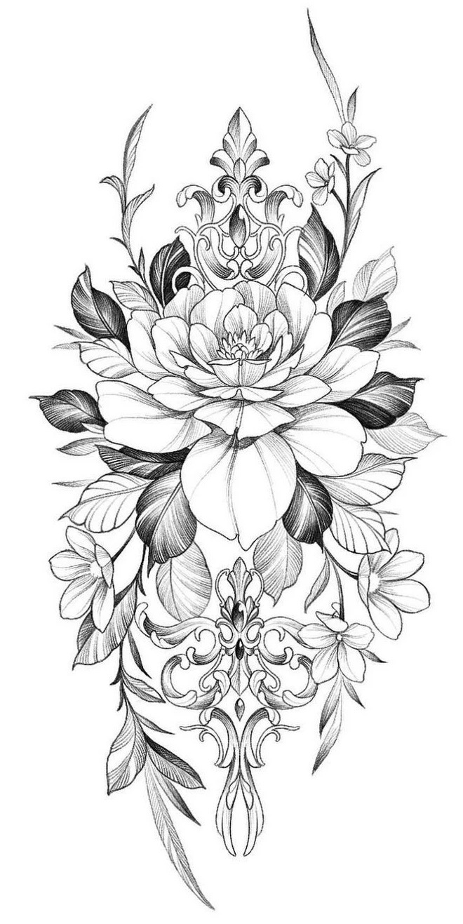 现货批发黑白素描花朵纹身贴暗黑花臂纹身贴纸玫瑰花朵tattoo