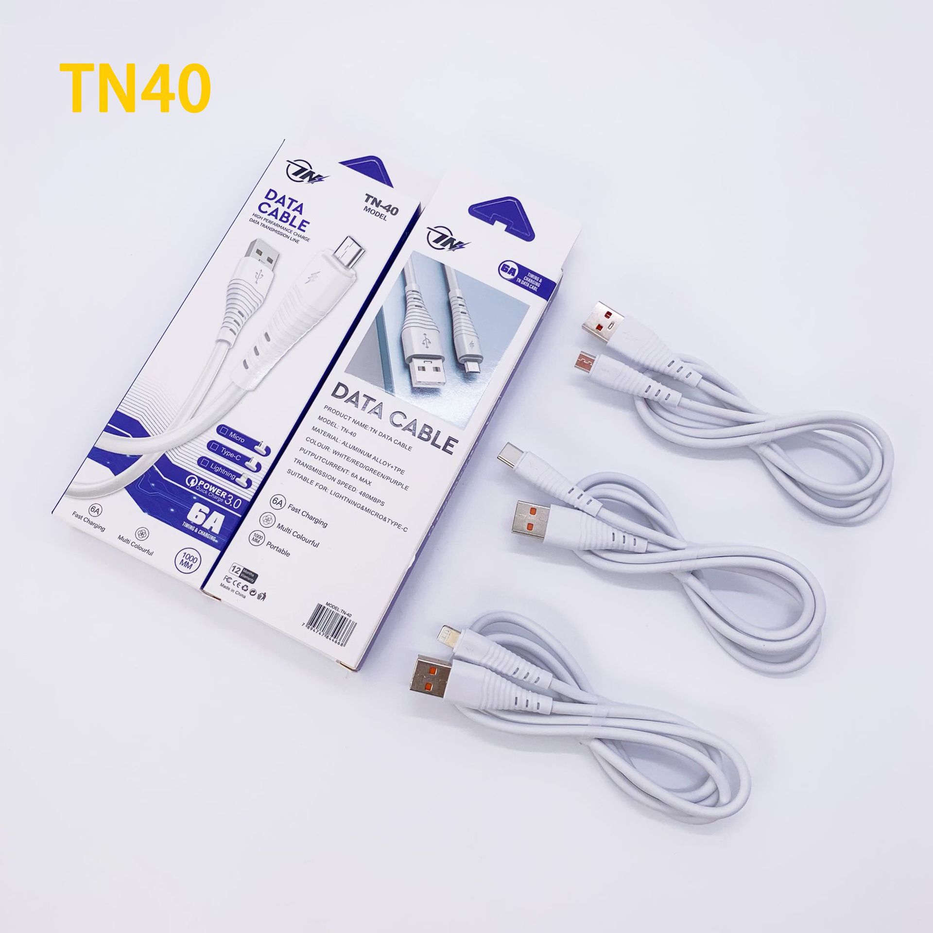 TN40 New PVC Fast Charge Data Cable Support I5 Android TC Smartphone Qc3.0 Function Delivery Supported