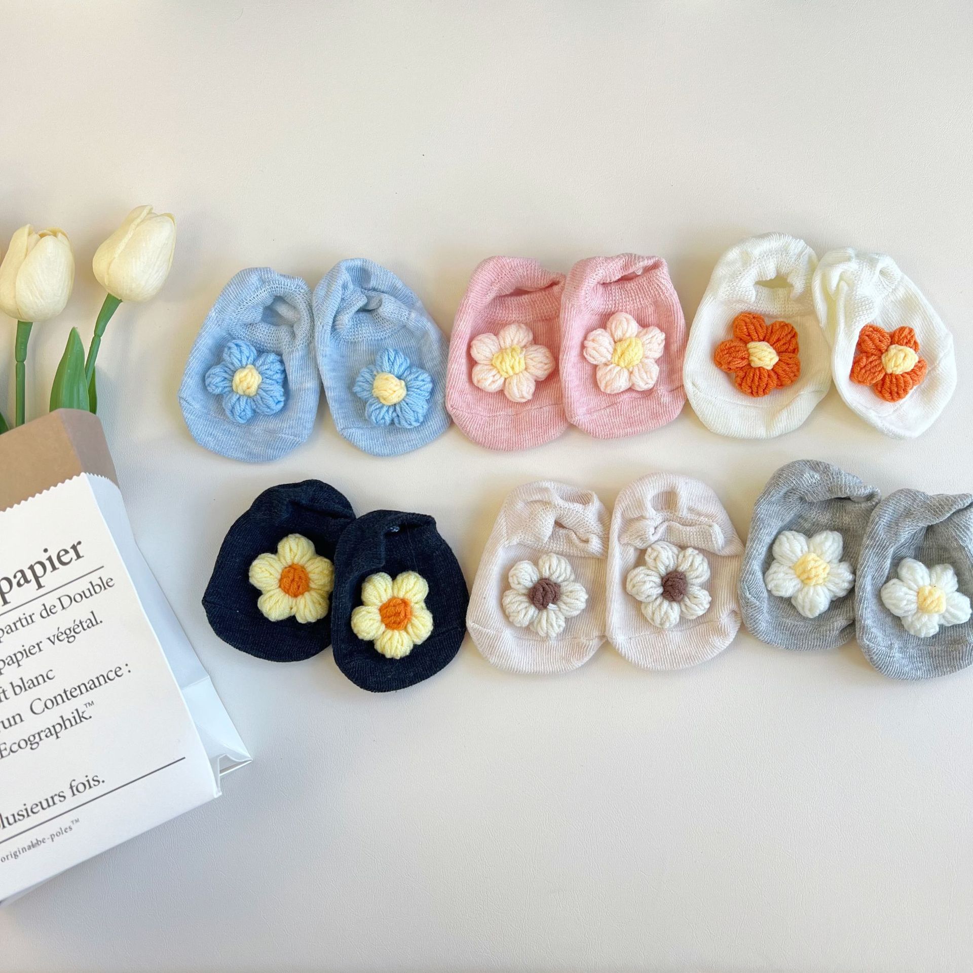 婴儿袜子儿童地板袜 毛线针织泡芙花朵童袜 宝宝防滑浅口韩系船袜