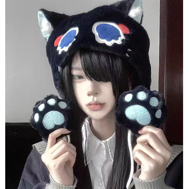 小猫帽子动漫周边冬散散喵毛绒表情帽子可爱百搭滑雪套头护耳帽