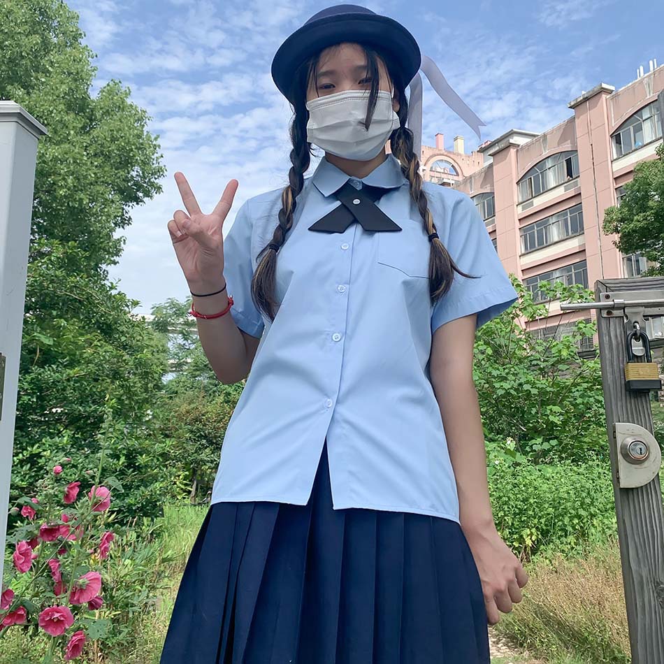 日本jk制服短袖蓝色衬衫 日系校服 短袖尖领方领角襟 不透