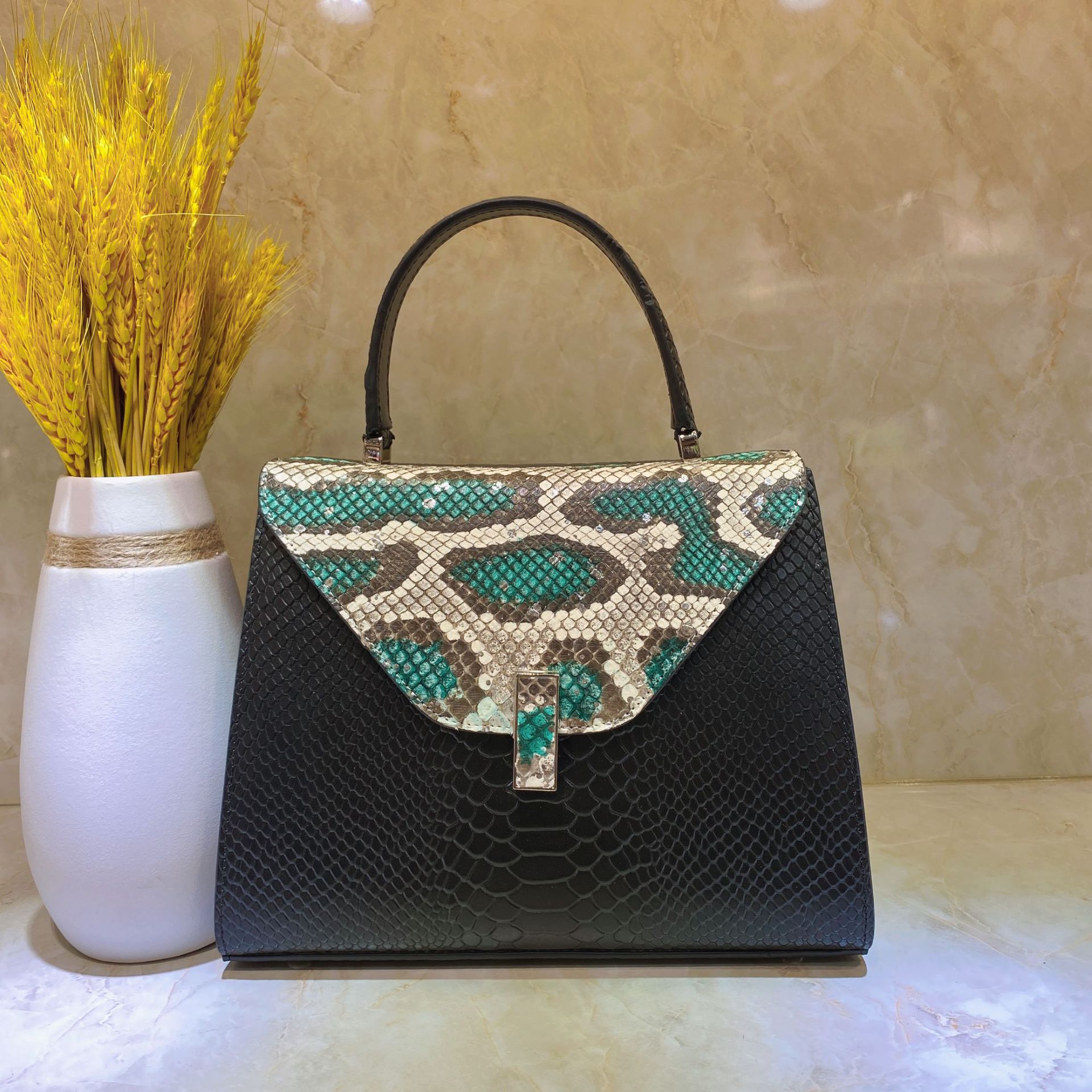【抖音直播爆款】真皮女包头层牛皮蟒蛇皮欧美时尚女士斜跨手提包