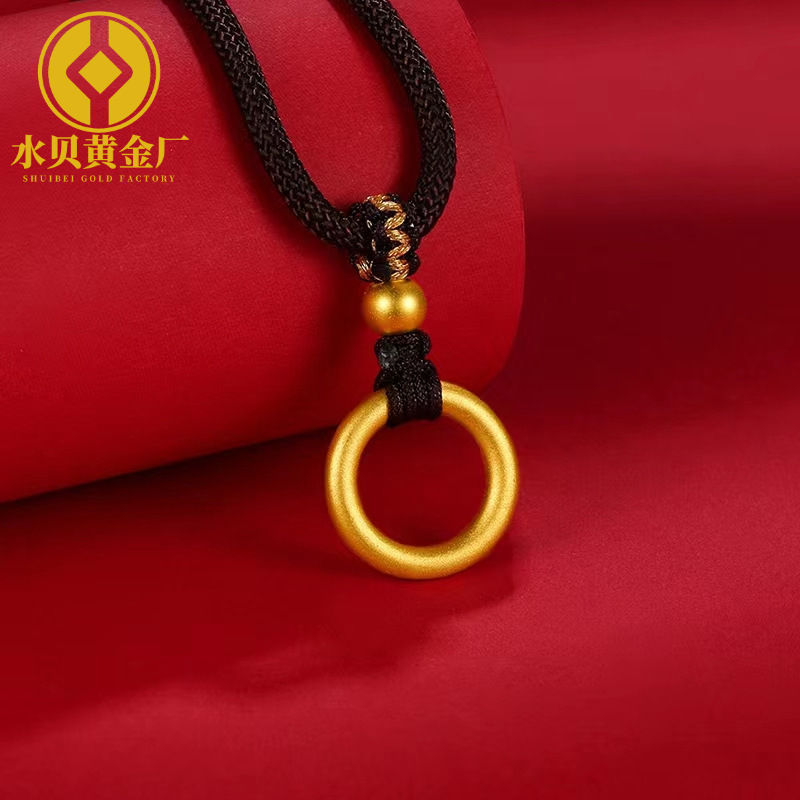 古法黄金平安扣素圈项链女3d硬金足金999转运珠男纯金吊坠挂坠绳