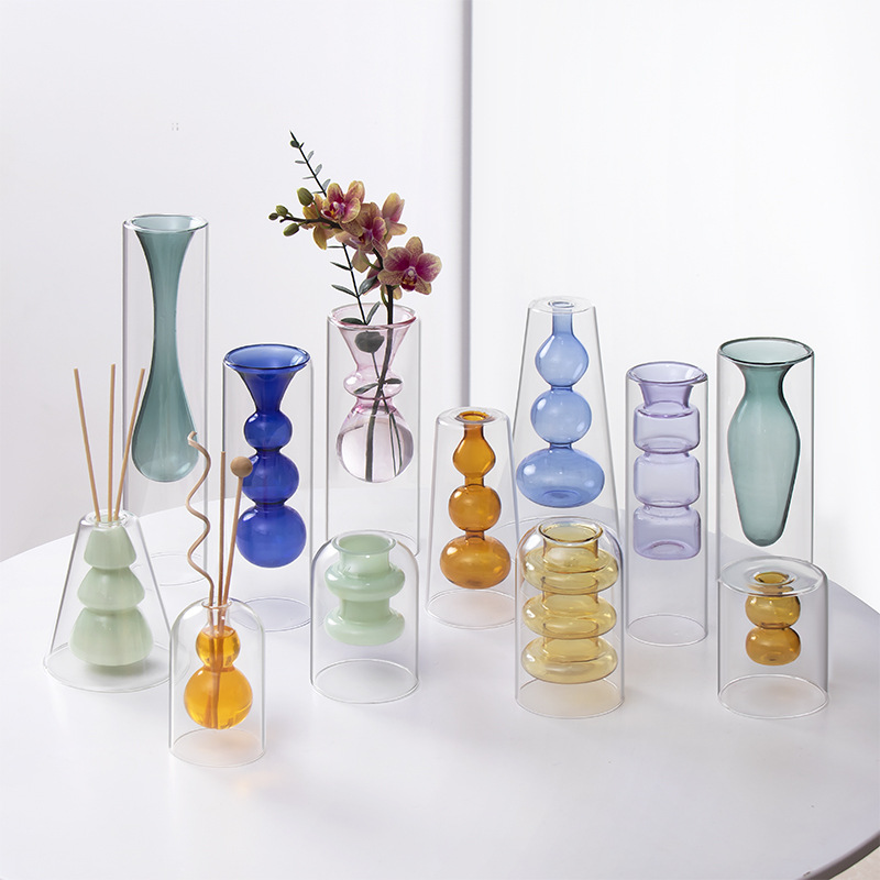 彩色双层玻璃花瓶无火玻璃艺术香薰瓶 透明花瓶水培餐厅桌面摆件