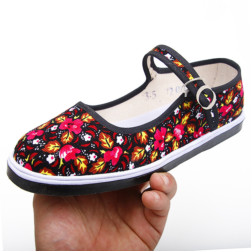 老北京女式方口格子布鞋一字带浅口平底手工上线棉布鞋千层底工艺