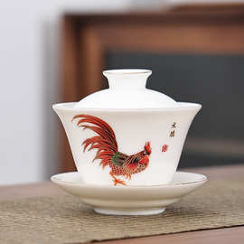 羊脂玉瓷盖碗日式泡茶器陶瓷三才盖碗家用描金敬茶碗茶盏功夫茶具