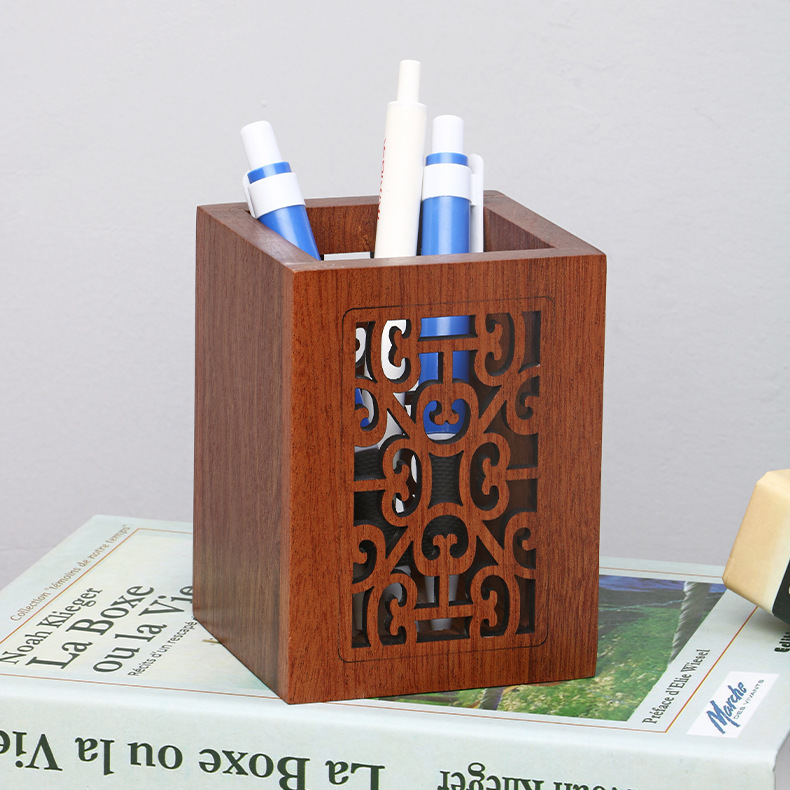 木制雕花镂空笔筒批发方形创意木质笔筒办公用品木笔筒收纳盒