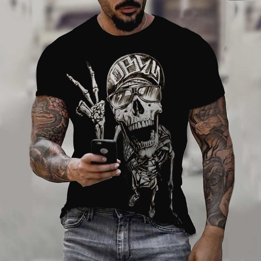 跨境欧美外贸男装夏季宽松圆领骷髅头像扑克牌 3d印花t恤短袖