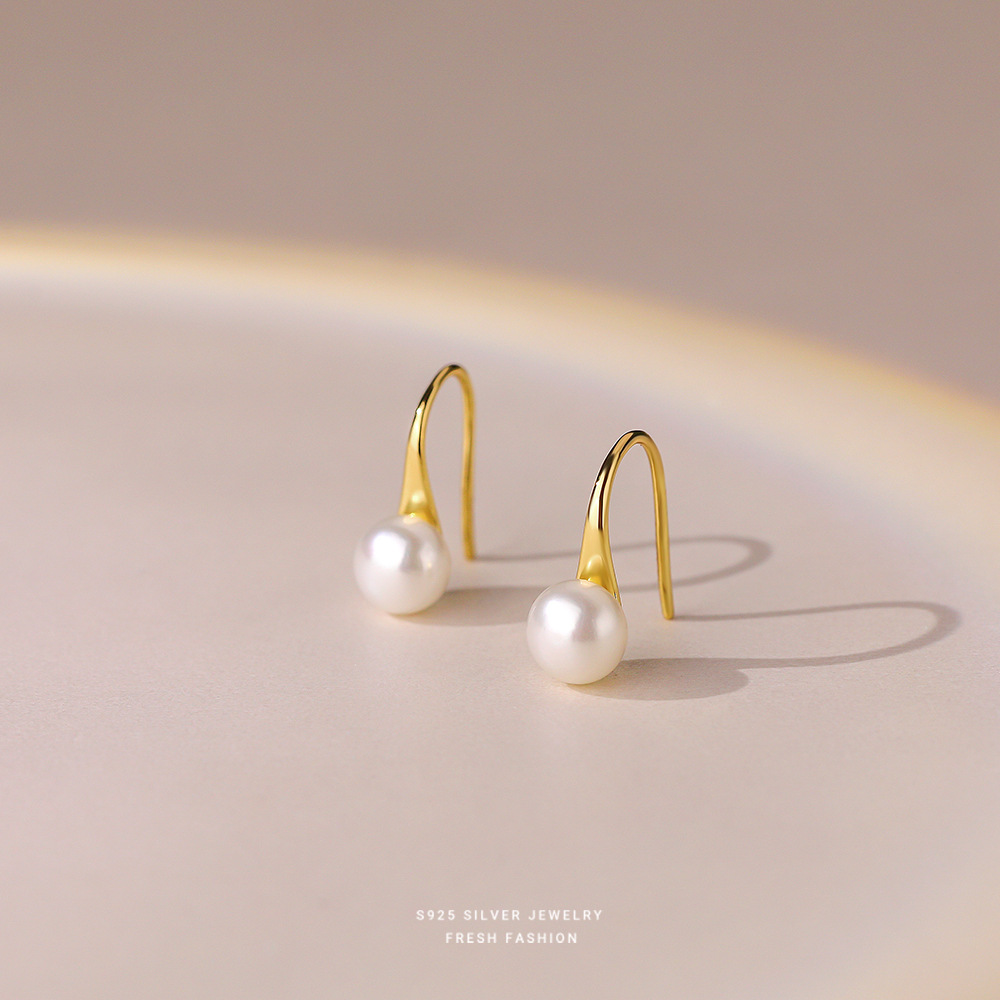 S925 Sterling Silver High Heels Pearl Female Stud Earrings French Entry Lux Temperamental Minority Design Long Ear Hook One Piece Dropshipping