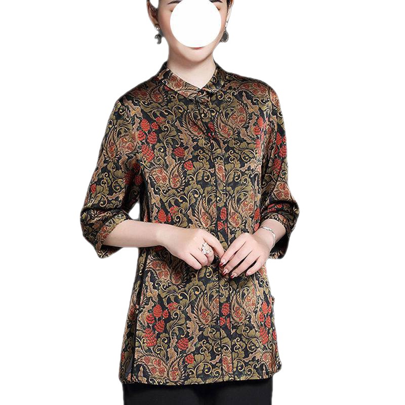 胖妈妈夏真丝衬衫七分袖大码新款中老年女装桑蚕丝高档香云纱上衣