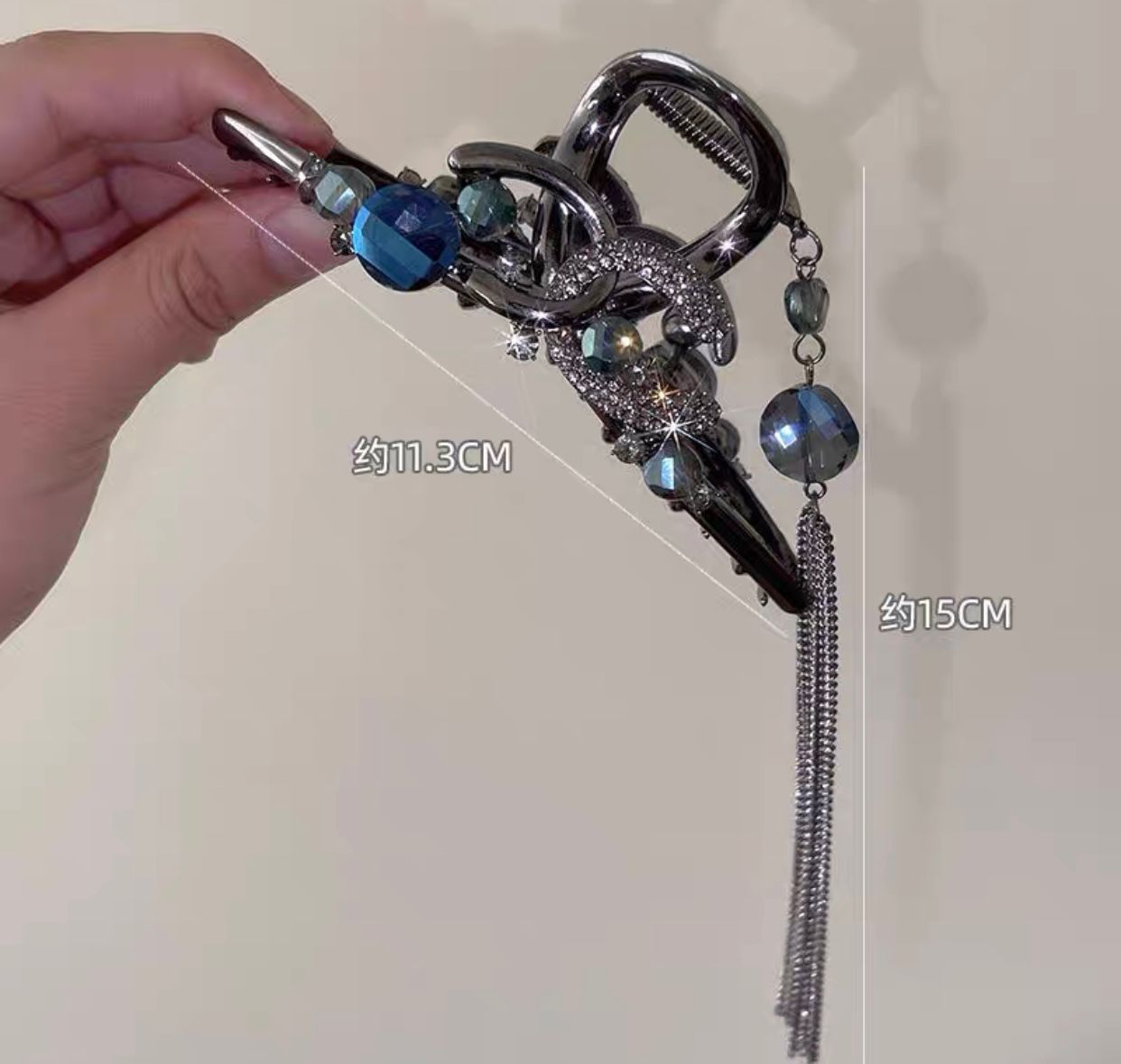 INS Niche Metal Full Diamond Double C Barrettes Back Head Heavy Industry Shark Clip Cold Wind High-Grade Tassel Grip