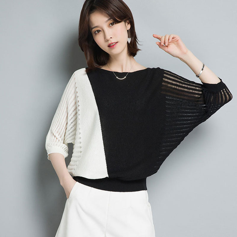 秋季冰丝镂空圆领蝙蝠型t恤女装七分袖宽松大码上衣蝙蝠袖针织衫