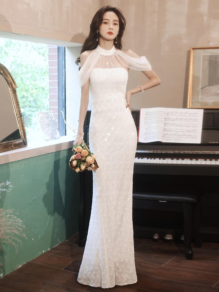 高端晚礼服裙女夏季高级宴会气质高档重工亮片白色鱼尾连衣裙挂脖