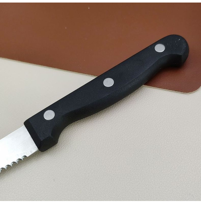 Cross-Border Supply Amazon Stainless Steel Saw Knife Fruit Knife Barbecue Meat Cutting Mirror Light Steak Knife Plastic Handle Steak Knife