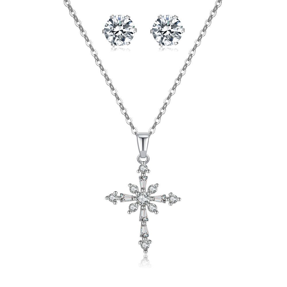 新款欧美简约热卖十字架锆石项链首饰套装 百搭新款金属锆石项链