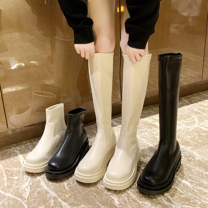 白色长筒靴女2021新款中高筒长靴不过膝小个子骑士靴冬加绒马丁靴