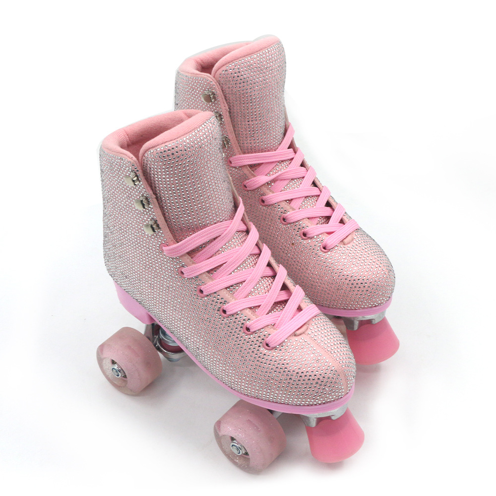 新款成年女高端双排溜冰鞋粉色带钻速滑旱冰鞋pu轮带前刹轮滑鞋
