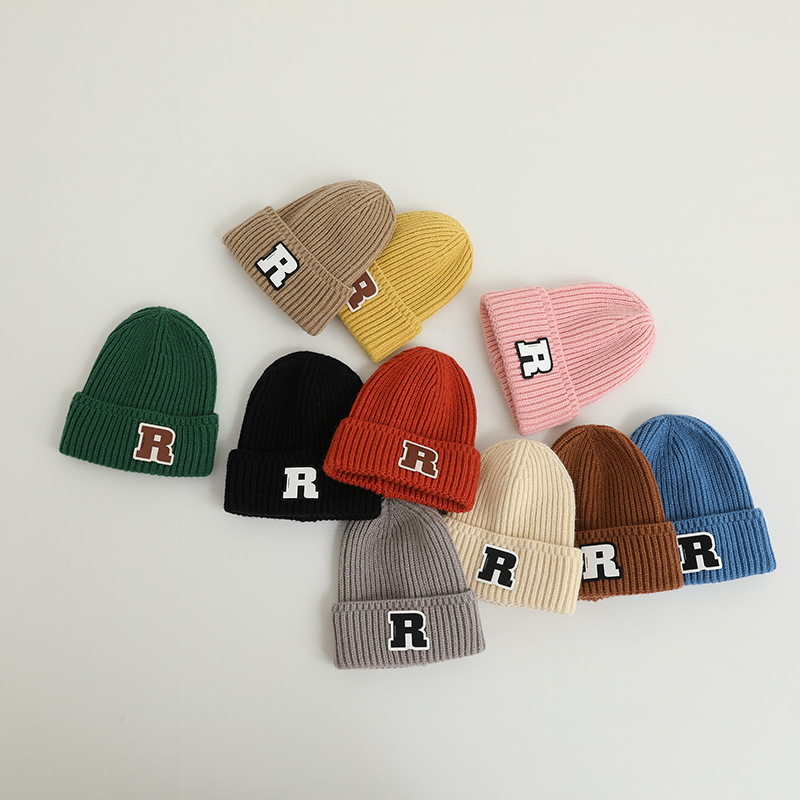 2023 Children's Knitted Hat Korean Style Letter R Patch Western Style Hat Autumn and Winter Warm Boys and Girls Solid Color Woolen Hat