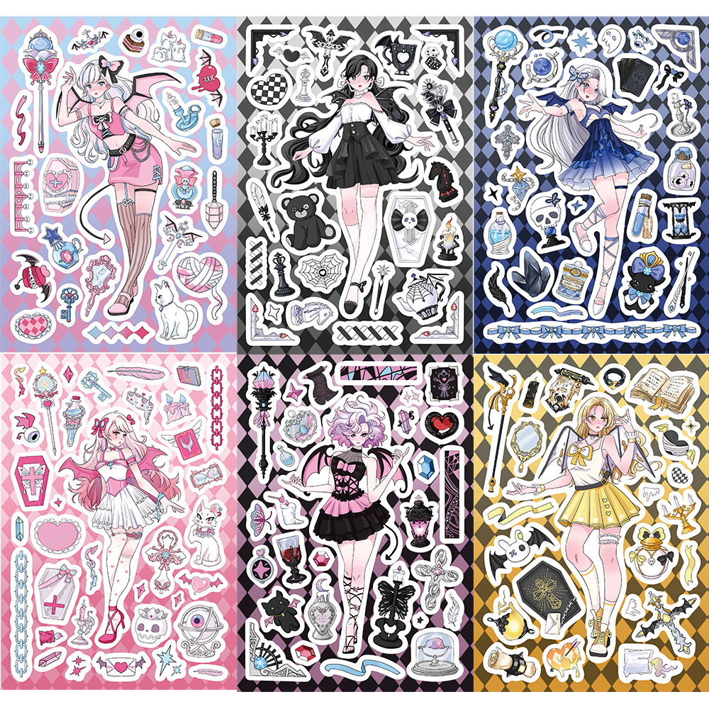 8张小恶魔天使换装贴纸甜酷系列手账本装饰墙面手机壳贴画批发