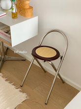 9C韩式藤编折叠凳ins风可收纳创意中古实木折叠椅成人法式小圆凳