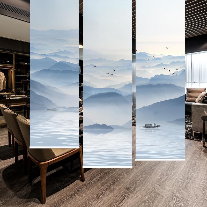 隔断屏风吊帘半透禅意中式挂帘电动免打孔茶室售楼处花鸟山水卷帘