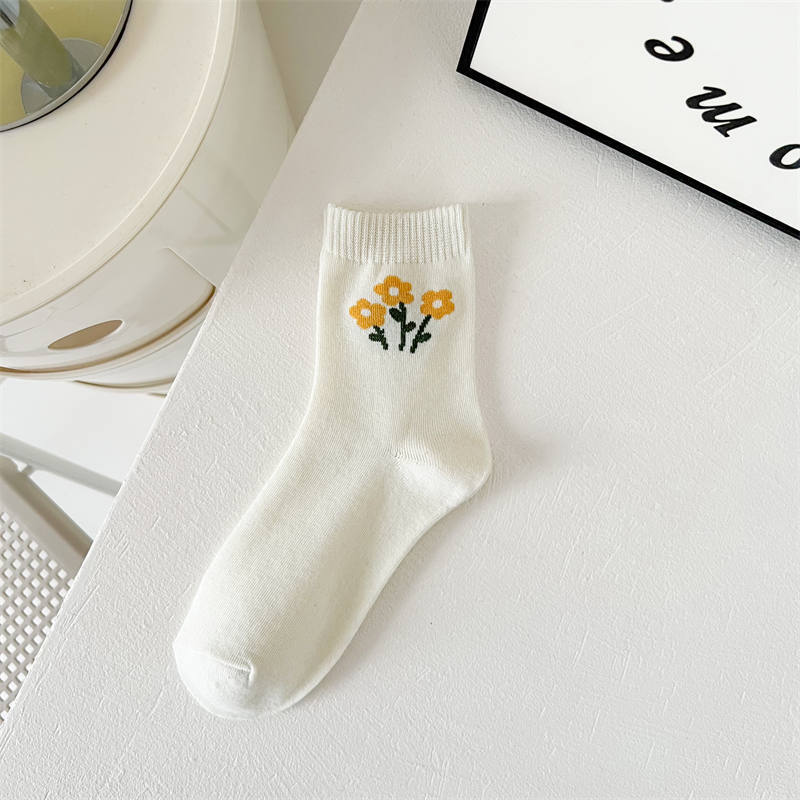 2023 Socks for Women Spring and Autumn New Ins Style Simple Fresh Solid Color Small Flower Women's Socks Middle Tube Student Korean Style Socks