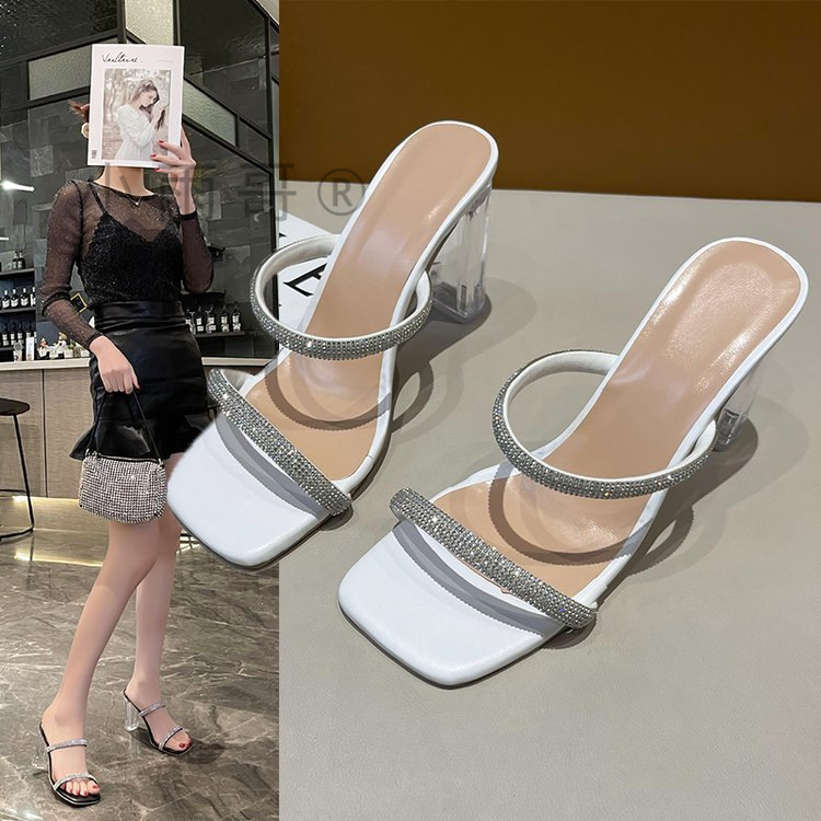 跨境欧美水钻高跟拖鞋女外贸水晶跟一字带凉拖鞋方头时装鞋wish