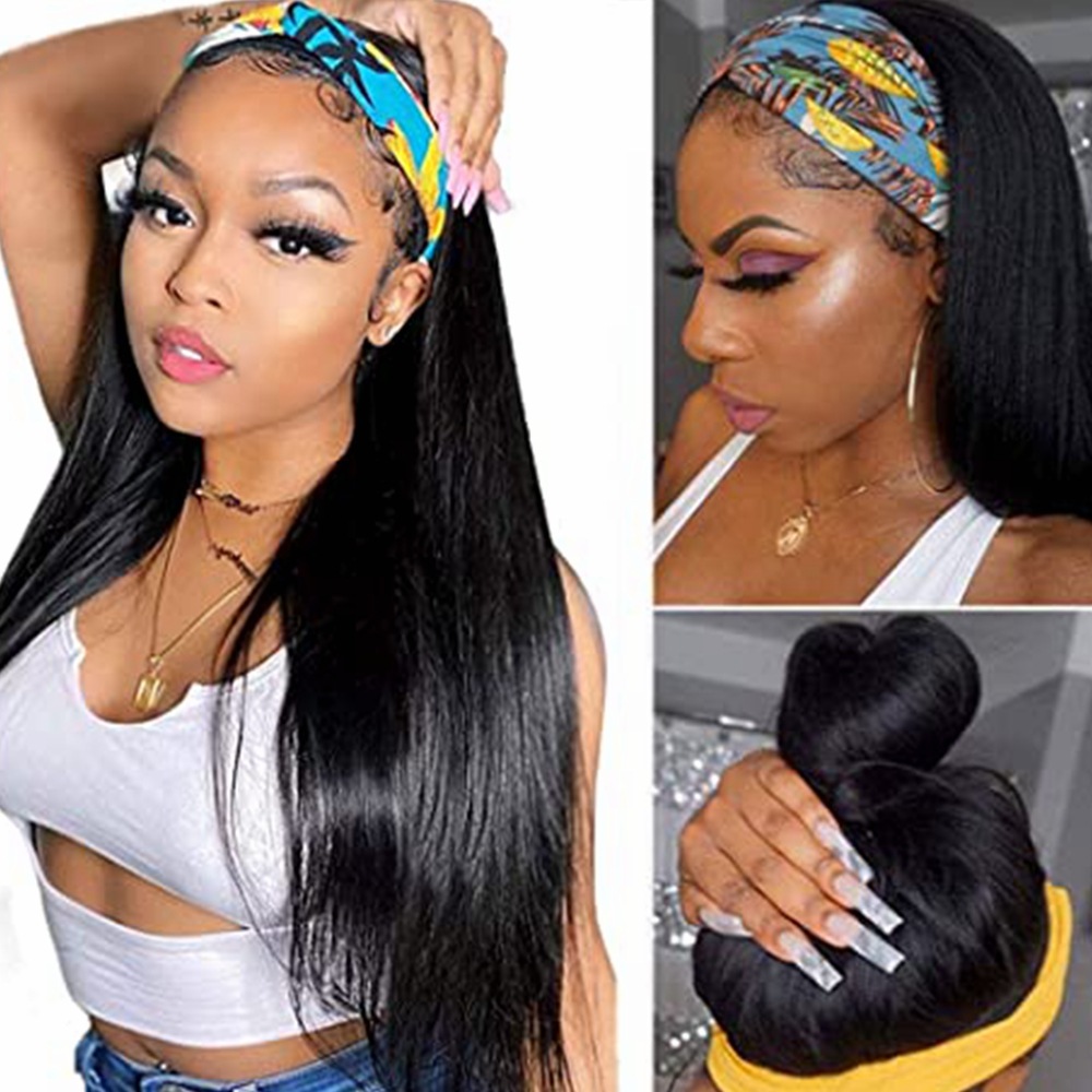 一件代发真人发头套黑色 human hair wig headband wig us stock!