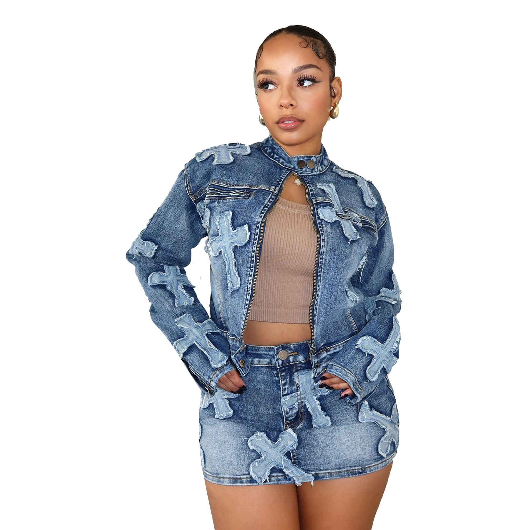 women clothes Spring New Denim Skirt Suit F88539 Spot Europe and America Cross Border Hot Sale Embroidered Denim Short Skirt Jacket Suits