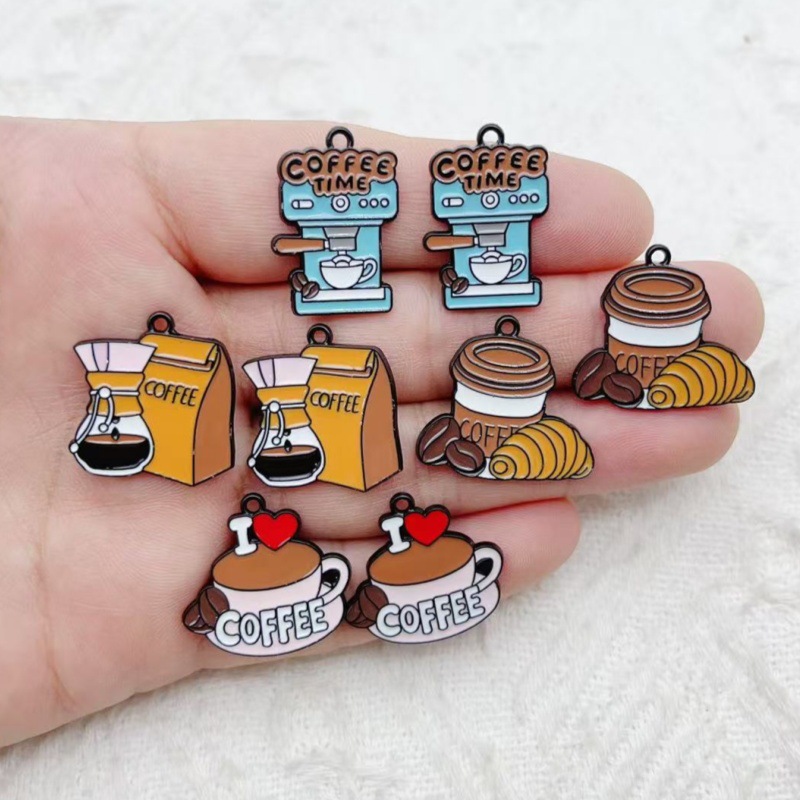 卡通咖啡主题首饰饰品diy珐琅项链耳环吊坠钥匙扣魅力