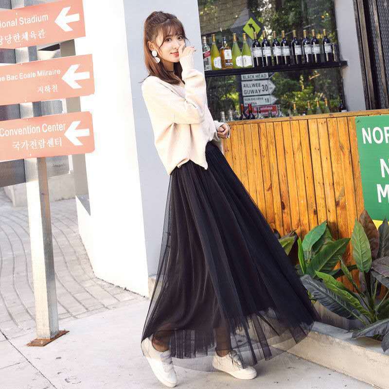 秋冬新款黑色网纱半身裙中长款女甜美高腰a字裙纱裙蓬蓬裙配毛衣