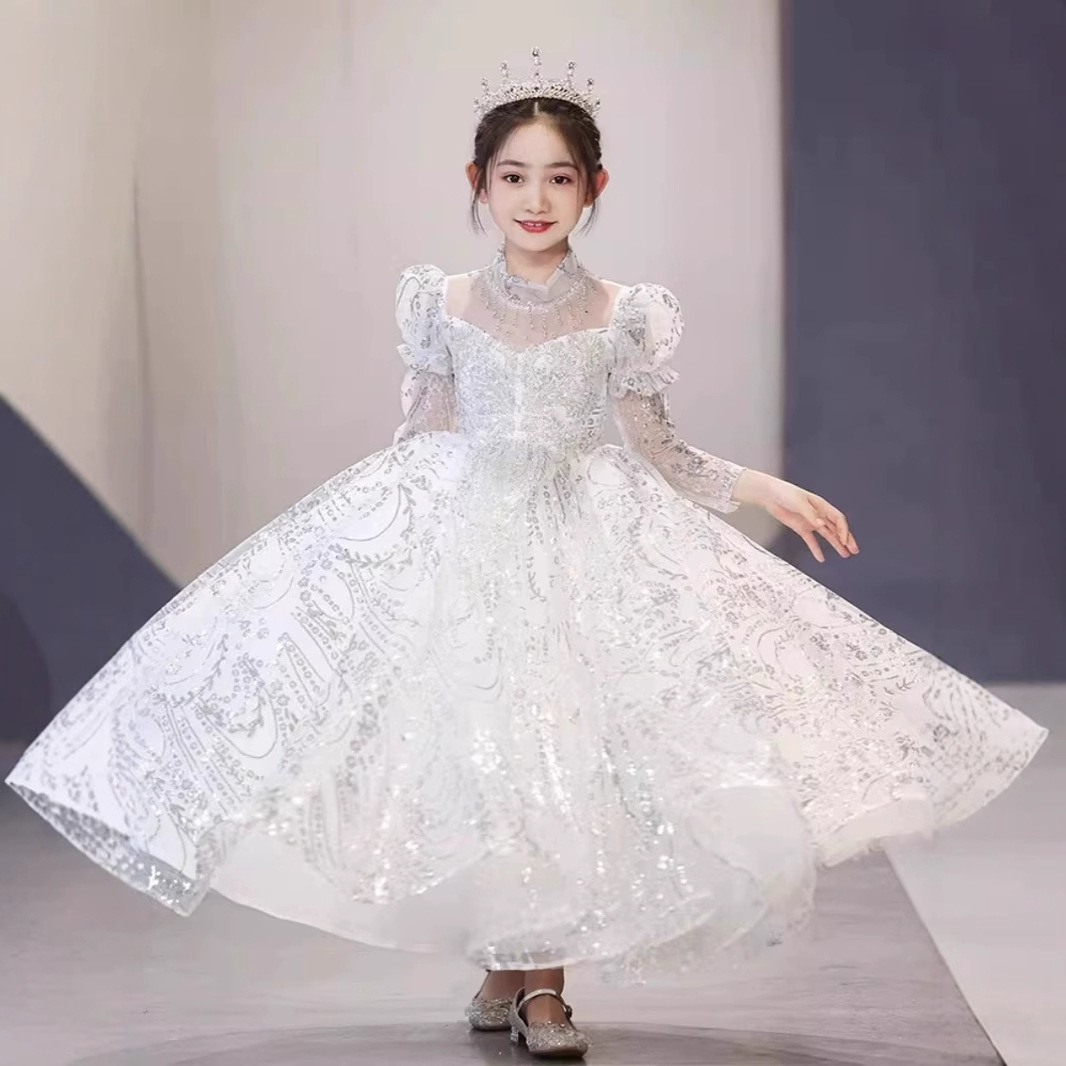 儿童礼服白色公主蓬蓬裙2024女童长袖钢琴演奏晚礼服主持人演出服