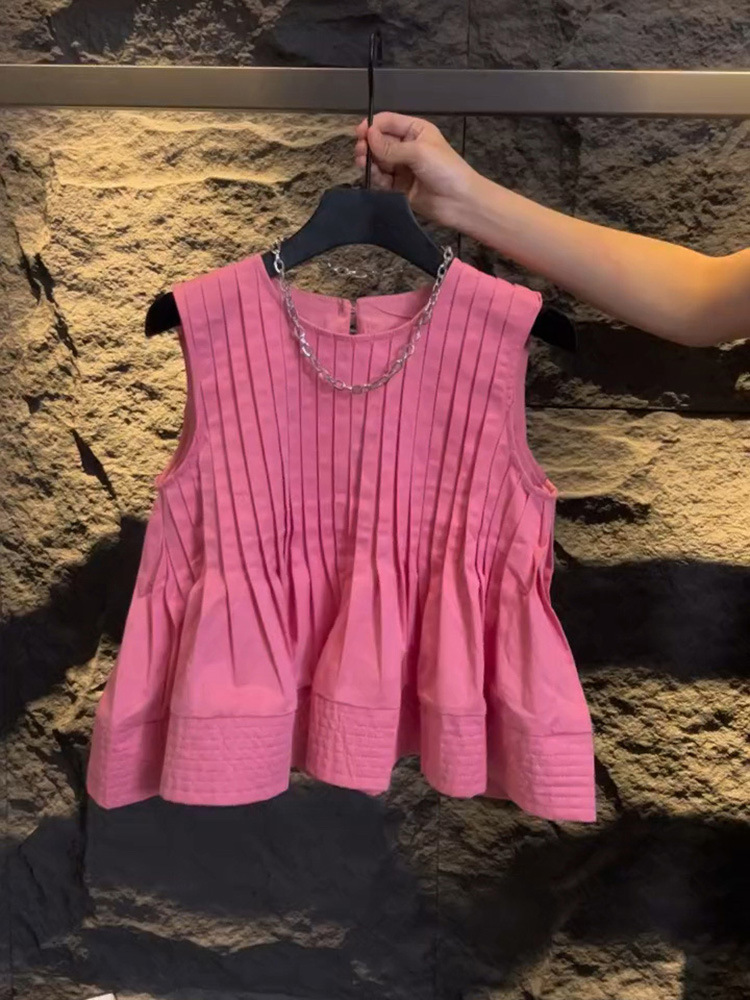 fl231615夏季新款法式别致设计感洋气减龄玫粉色无袖衬衫上衣