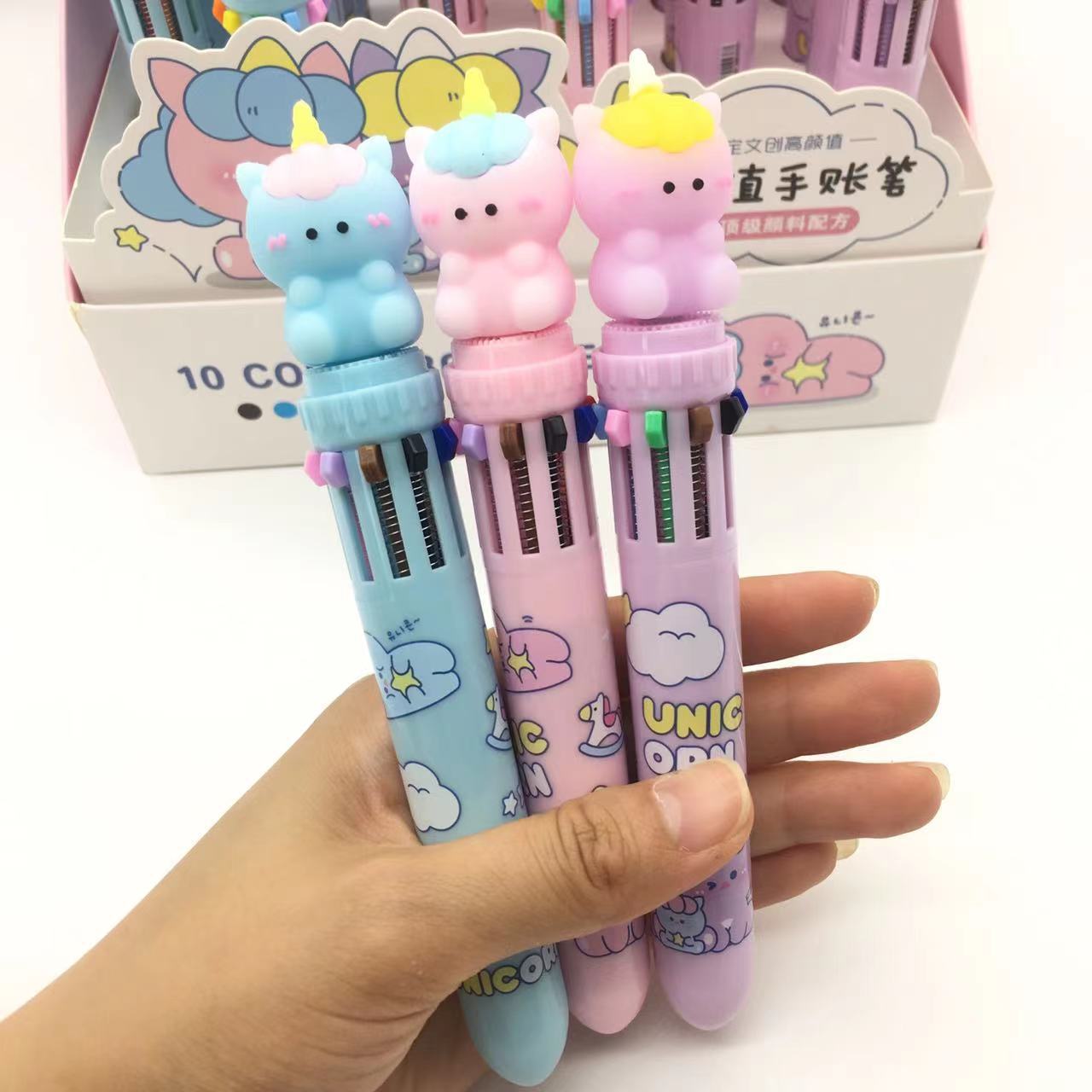 可奇kk--7113硅胶梦幻独角兽10色圆珠笔卡通小马按动十色笔手账笔