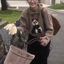 韩国2023年秋冬女 polo小翻领熊猫针织衫保暖毛衣