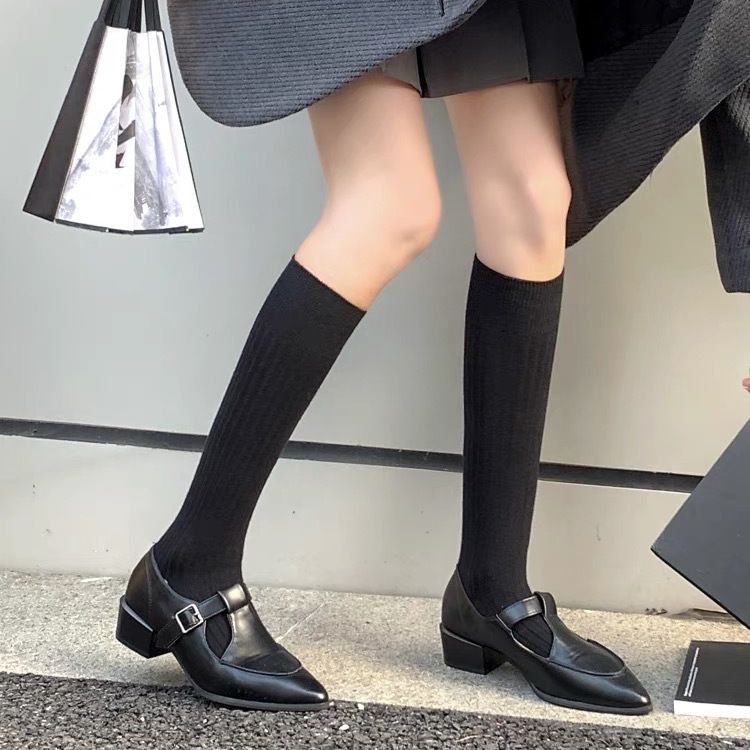 Miu Style Model Style Gray Calf Socks Female Ins Trendy Korean Style Four Seasons Vertical Stripes Solidcolor Mid-Calf Length Bunching Socks