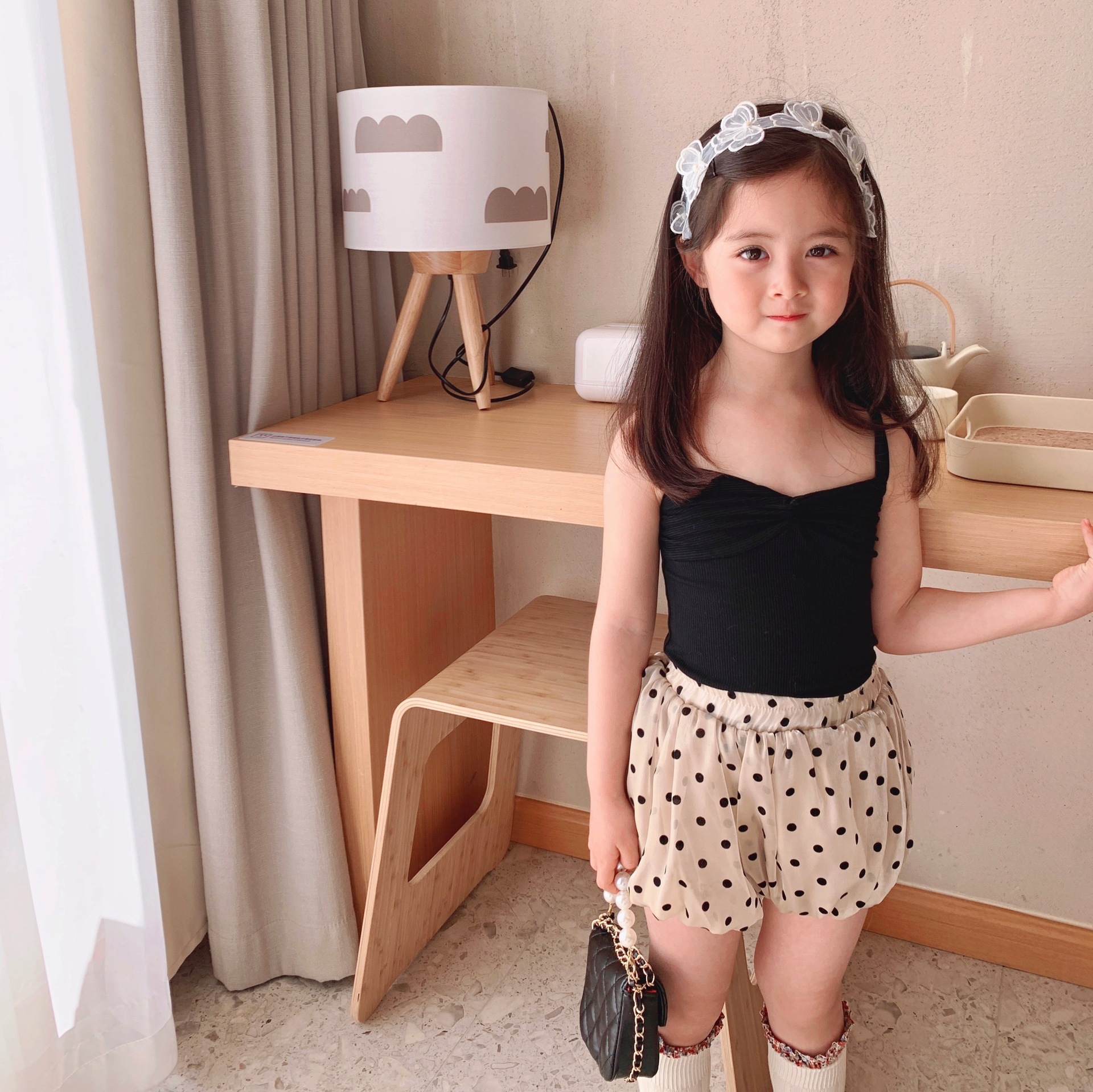 乐可儿2021春夏新品女童中小童吊带背心 波点南瓜裤两件套短裤套