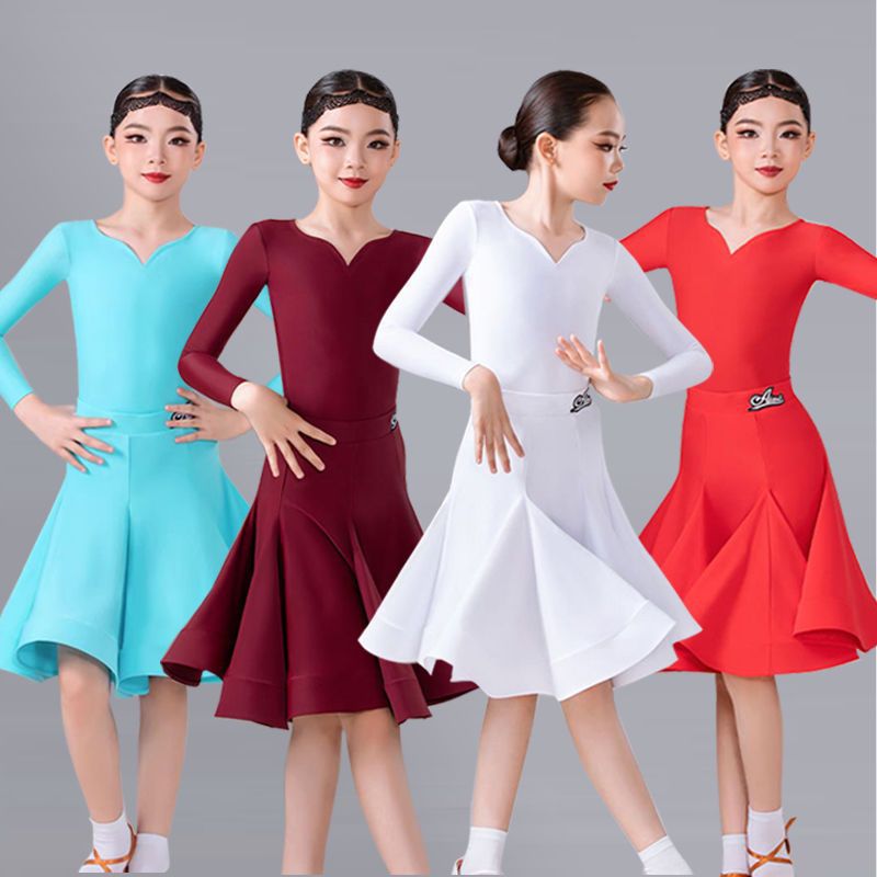 新款儿童拉丁舞服女童舞蹈练功服拉丁舞裙长袖比赛分体裙女演出服