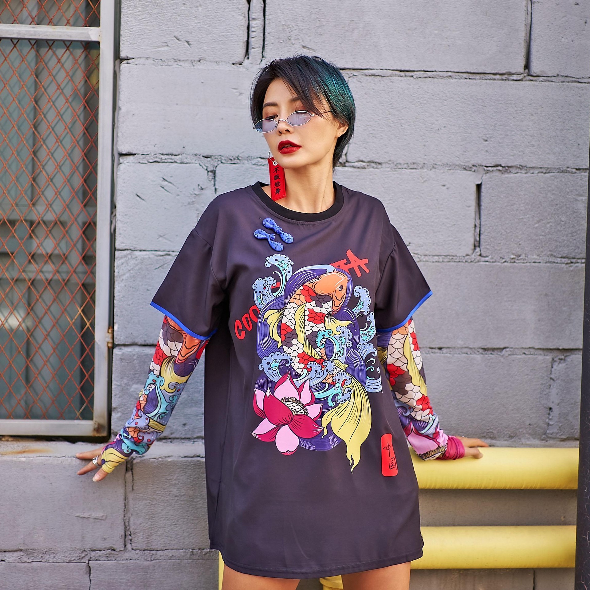 国潮中国风女士印花t恤街拍达人潮牌大码女装花臂中国结一件代发