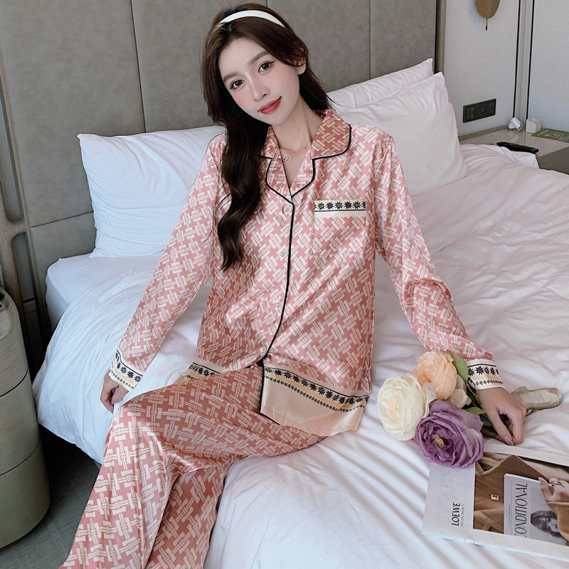 Ice Silk Pajamas Women's Spring and Autumn Korean Style Fashionable Thin plus-Sized plus Size 100.00kg Wearable Long Sleeve Homewear Suit