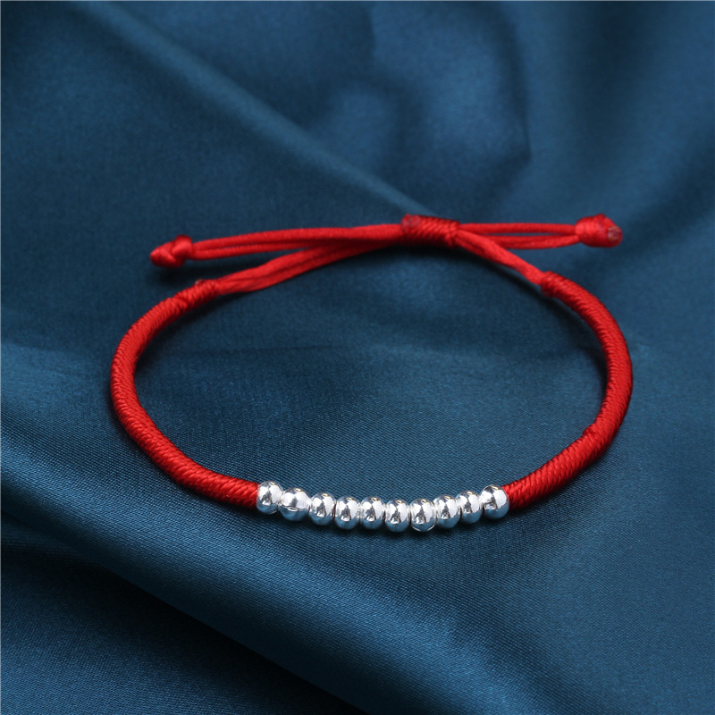 s999纯银3d硬银手链十全十美红绳编绳编织手链男女情侣手环代发