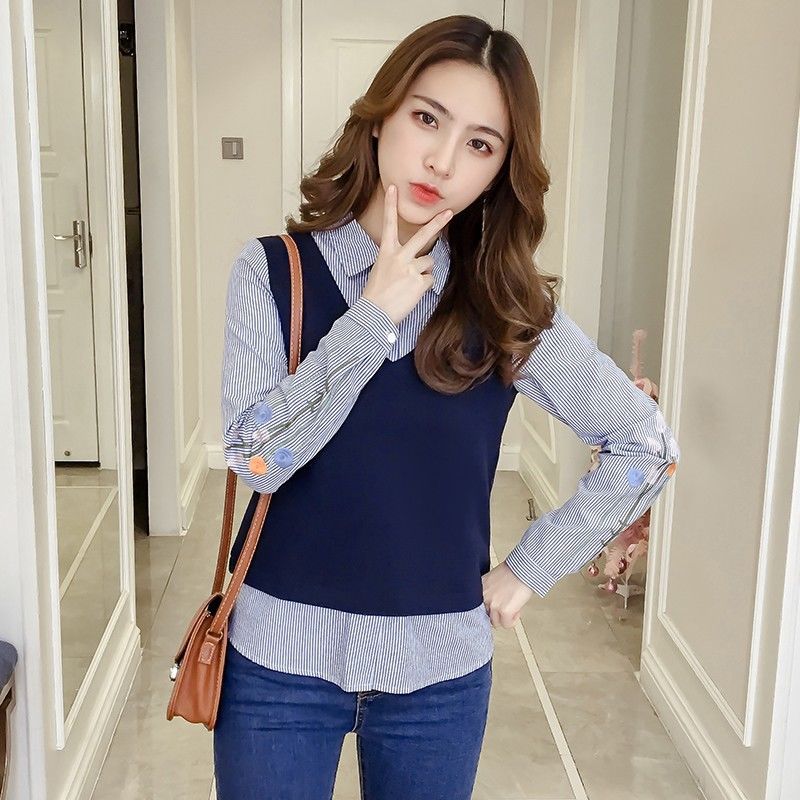 甜美衬衫女长袖2021春秋装新款修身显瘦假两件套头娃娃领条纹衬衣