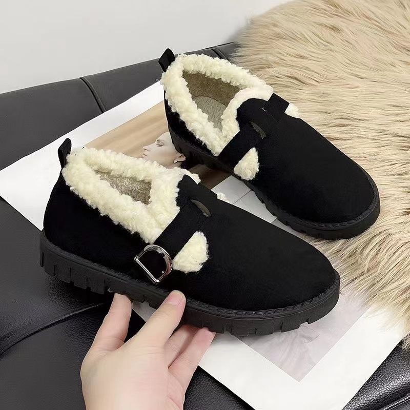 Winter Fluffy Shoes Women's Outer Wear Lamb Wool Peas Shoes Buckle Fleece-lined Thickened Slip-on Warm Shoes Women's Cotton
