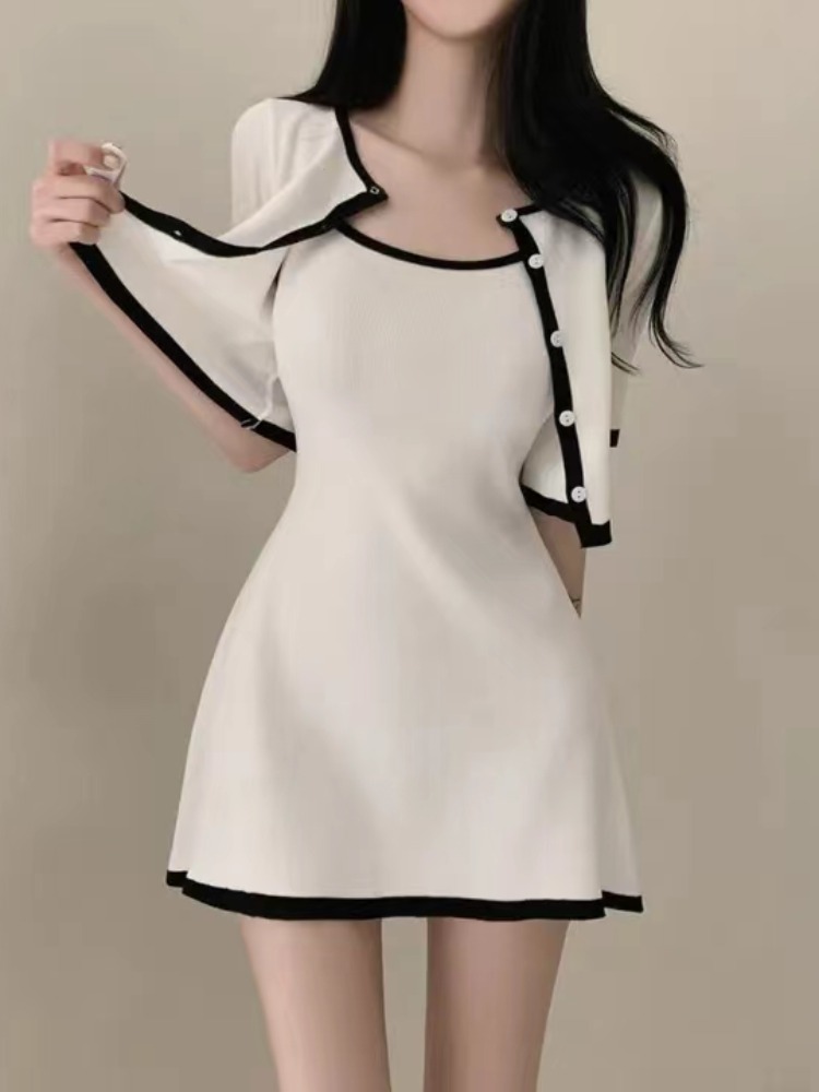 韩国chic夏季气质小香风短袖针织衫 小个子修身吊带连衣裙两件套