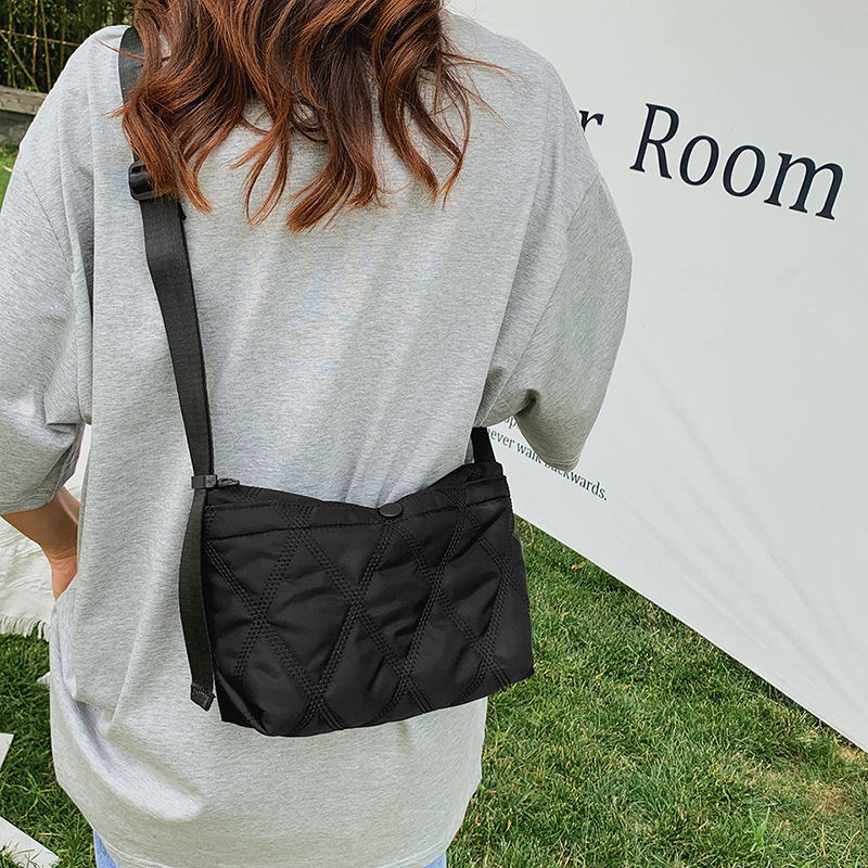 2023 New Popular Pure Black Small Bag Women's Oxford Cloth Bag Ins Super Hot Shoulder Bag Rhombus Embroidered Crossbody Bag