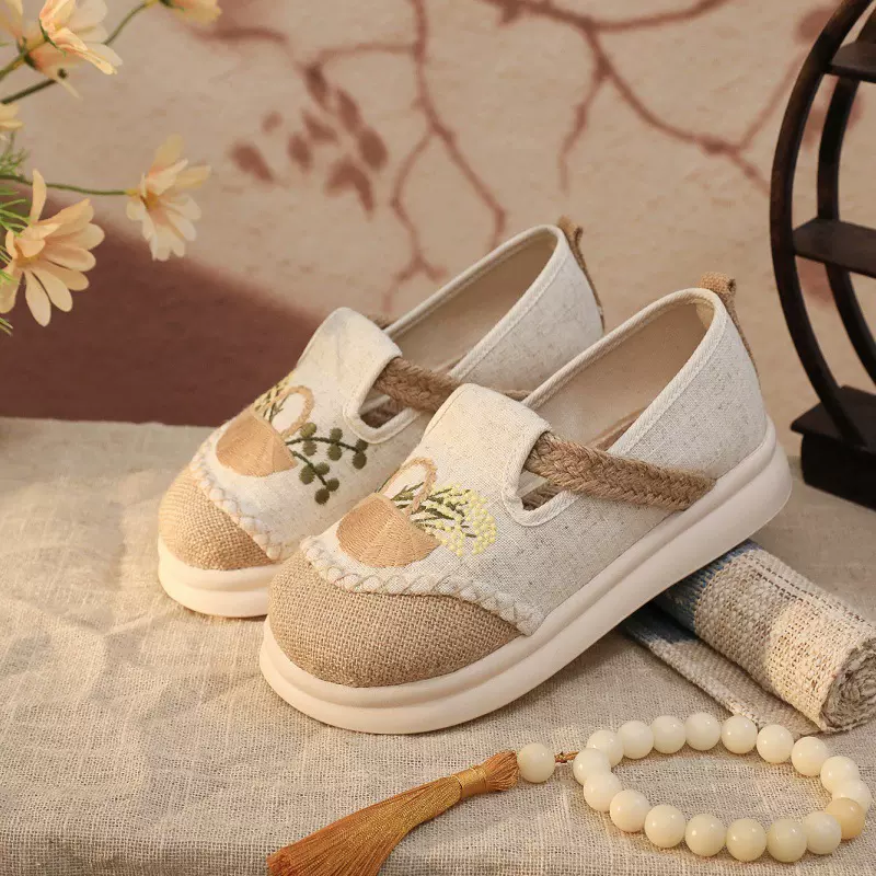 2026厚底古风汉服鞋子民族风老北京绣花布鞋女休闲学生亚麻渔夫鞋