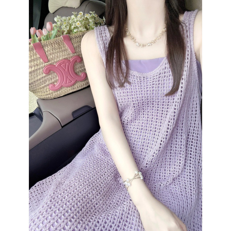 针织无袖长裙罩衫吊带裙背心裙休闲度假风宽松新款紫色镂空裙子