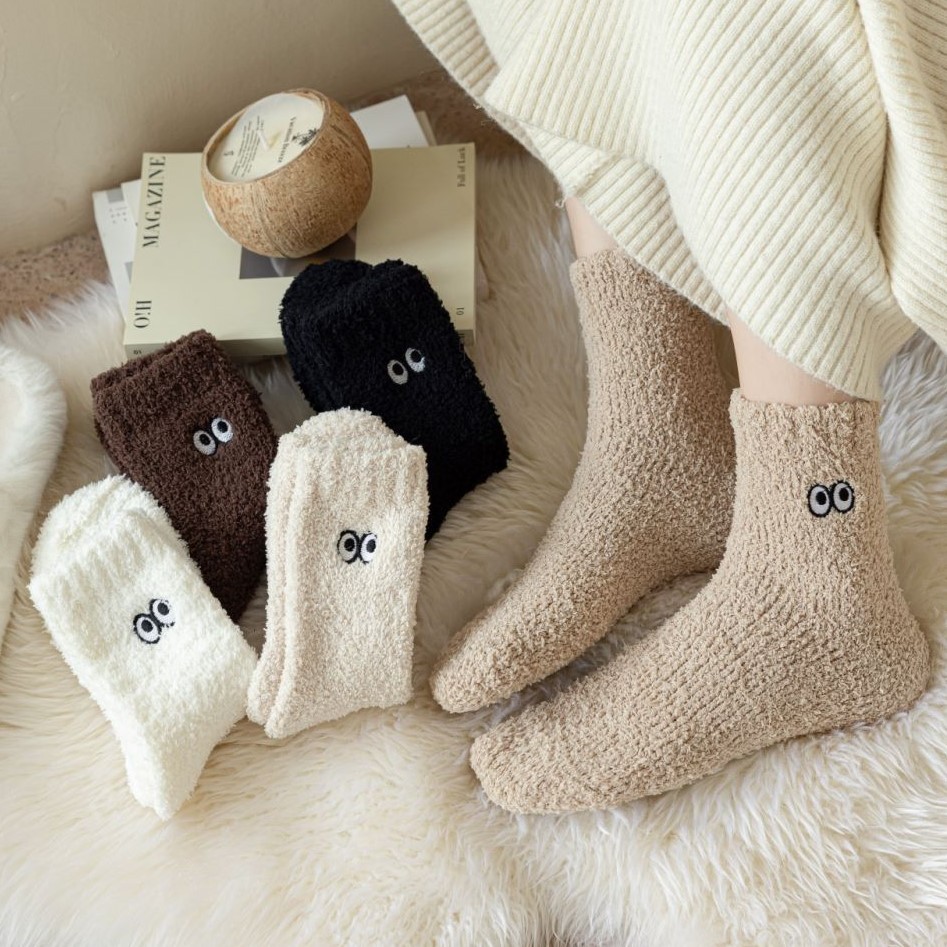 Thick Socks for Women Winter Coral Fleece Room Socks Couple Home Socks Embroidered Eyes Cute Warm with Velvet Sleeping Socks